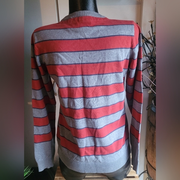 Jack And Jones Red And Grey Striped V Neck Sweater S - Picture 2 of 5